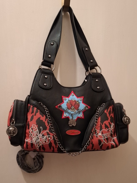 Ed Hardy Handbags - Ed Hardy Black, Red & Light Blue Heart Star Patch Satchel